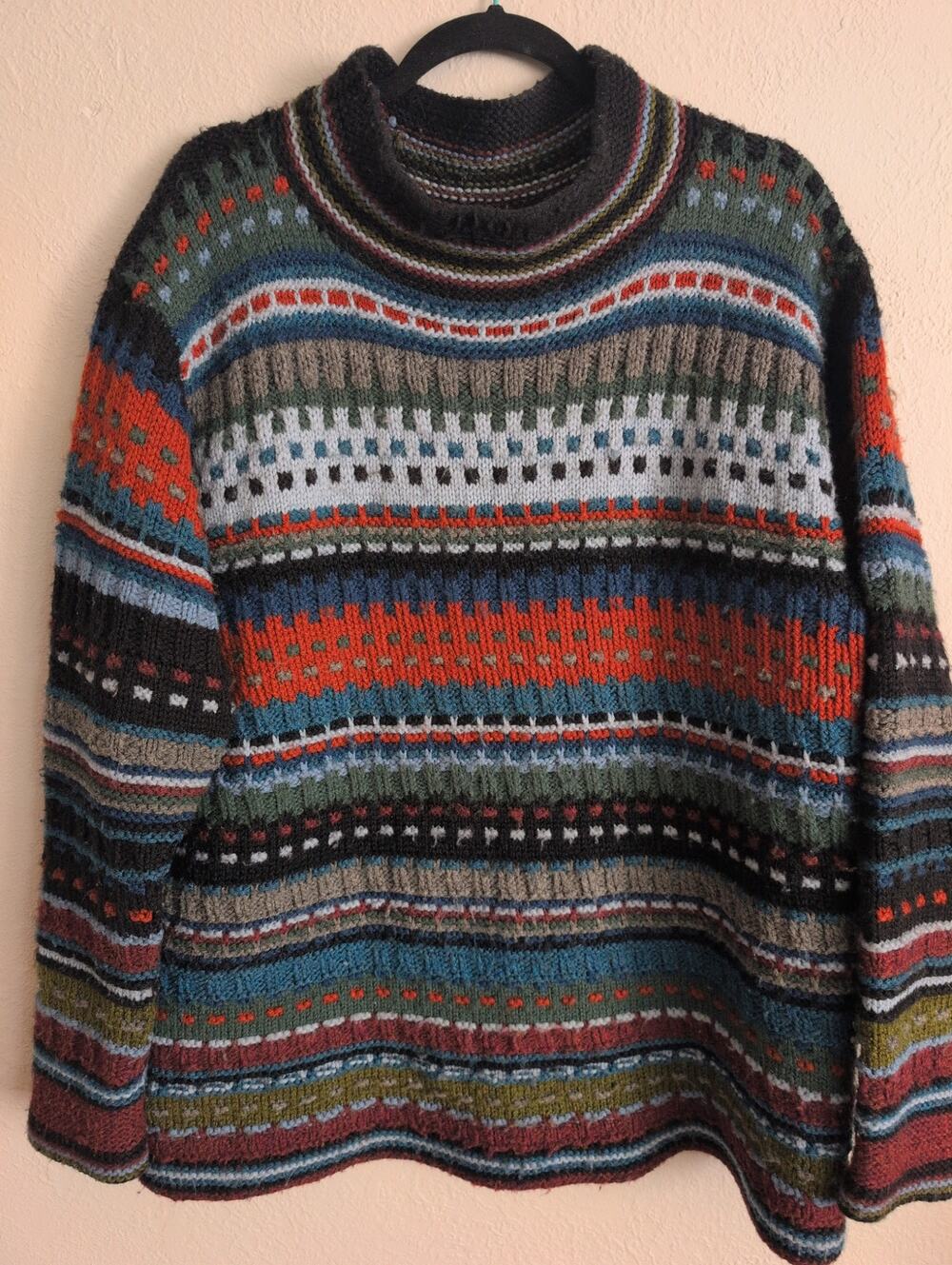Hand Knit Sweater Large Geometric Pattern 3D Textured Grandpa Multicolor